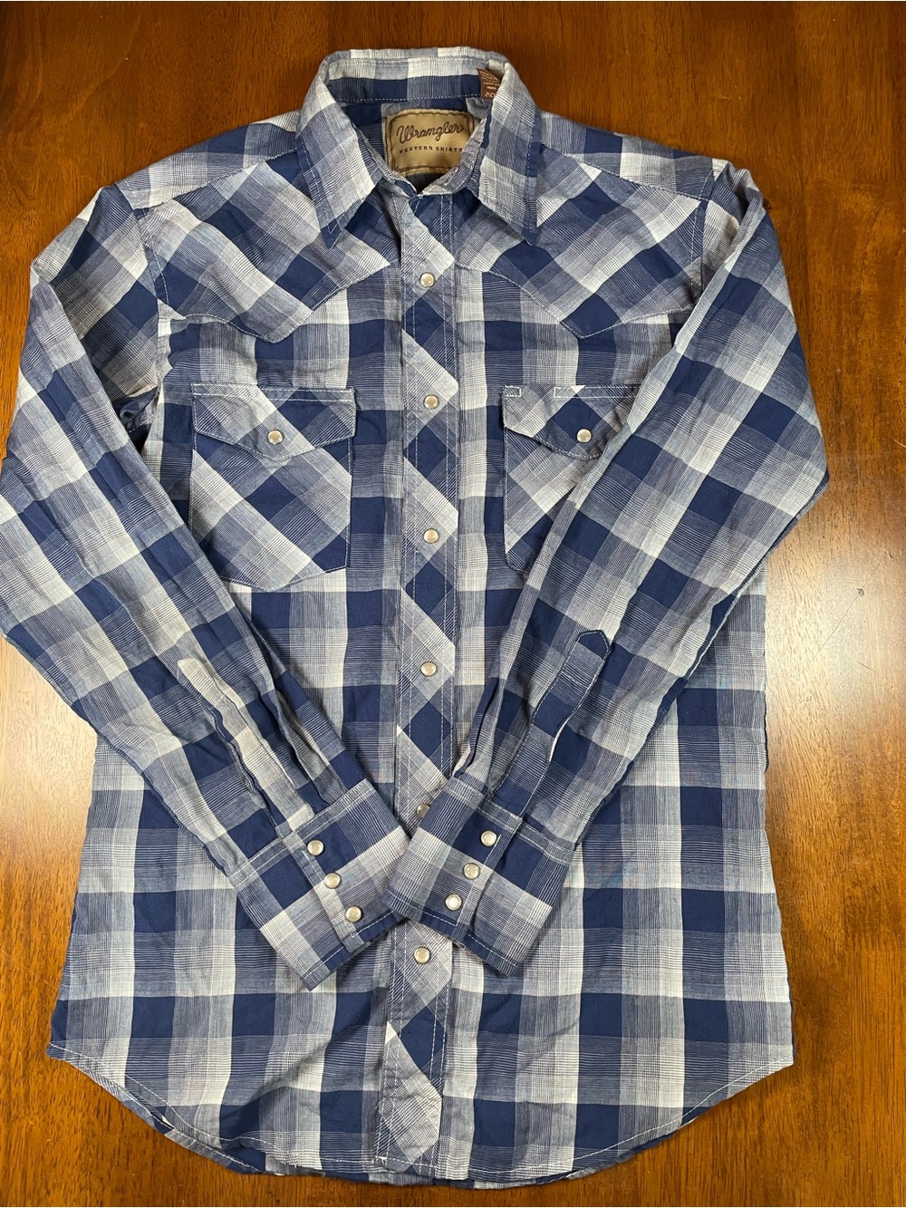 Vintage Wrangler Western Pearl Snap Shirt, Blue & White Plaid Size Small